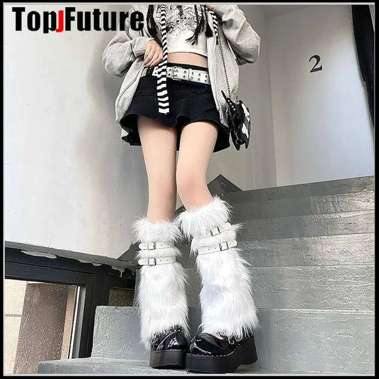 Women Spice Girl Harajuku Punk Black furry gothic Lolita furry Leg Warmer Women Winter Warmer Foot Cover Y2K Girl Leg warmers SS69