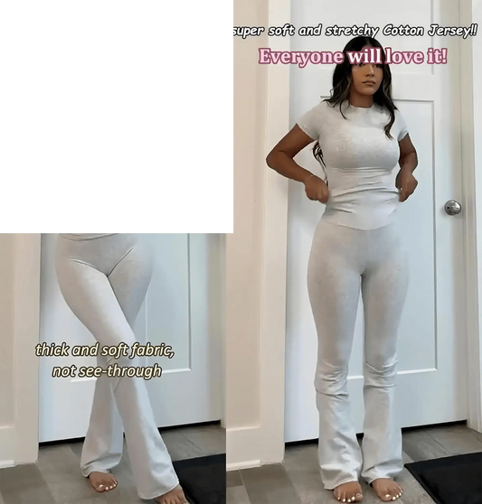 Women'S 2 Piece Lounge Outfits Slim Short Sleeve Tops Low Rise Flare Leggings Sets Yoga Sweatsuit - SS69