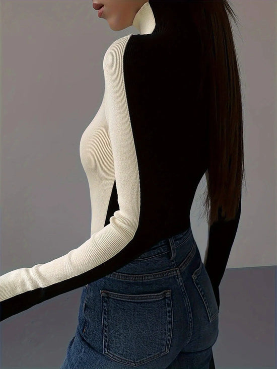 Women'S Color Block Turtleneck Sweater, Long Sleeve Knit Pullover, Contrast Two-Tone, Fashion Top for Autumn/Winter, Nylon Material, Solid Pattern, Crew Neck SS69
