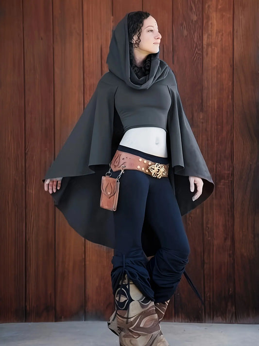 Women'S Gothic Vintage Hooded Cape Tunic, Elegant Solid Color Polyester Pullovers, High Stretch Knit Fabric, Asymmetrical Long Length, Loose Fit with Flared Hem, All-Season Wear SS69