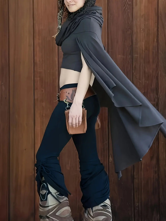 Women'S Gothic Vintage Hooded Cape Tunic, Elegant Solid Color Polyester Pullovers, High Stretch Knit Fabric, Asymmetrical Long Length, Loose Fit with Flared Hem, All-Season Wear SS69