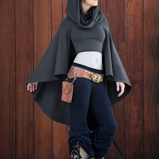 Women'S Gothic Vintage Hooded Cape Tunic, Elegant Solid Color Polyester Pullovers, High Stretch Knit Fabric, Asymmetrical Long Length, Loose Fit with Flared Hem, All-Season Wear SS69 34.69 grey / XXL