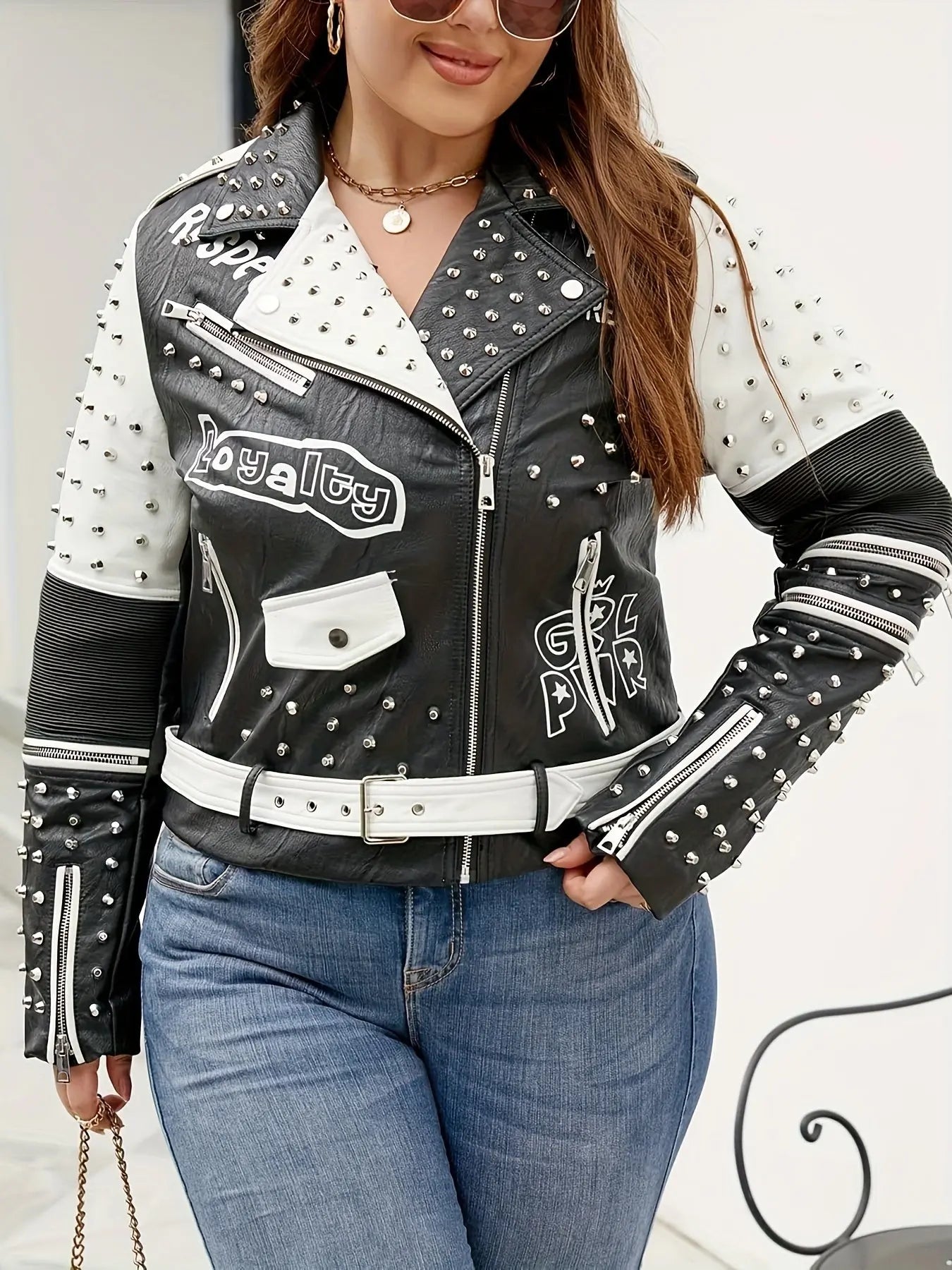 Women'S Plus Size Faux Leather Jacket Graffiti Studded Rivet Punk Floral Moto Biker Coat SS69