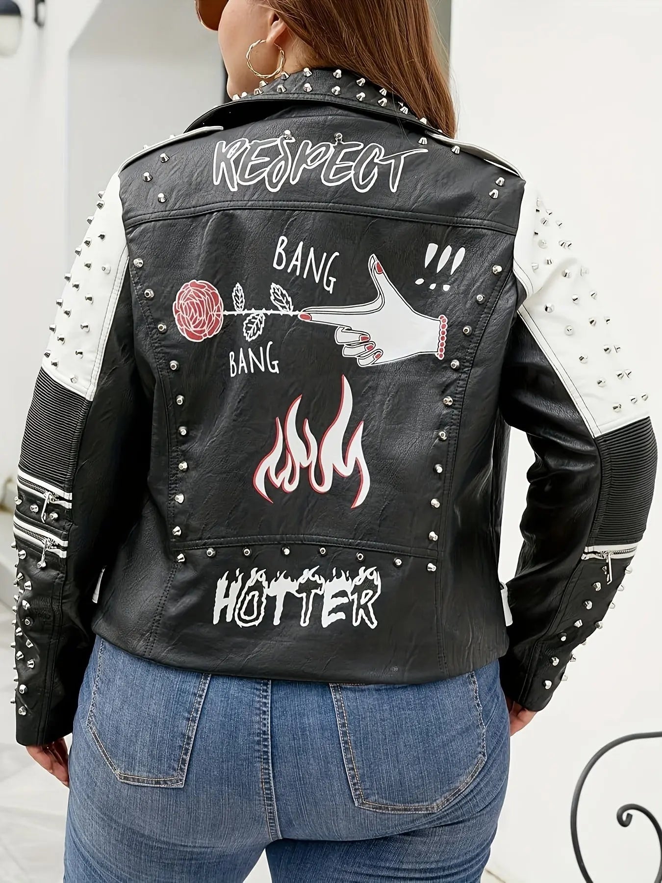 Women'S Plus Size Faux Leather Jacket Graffiti Studded Rivet Punk Floral Moto Biker Coat SS69