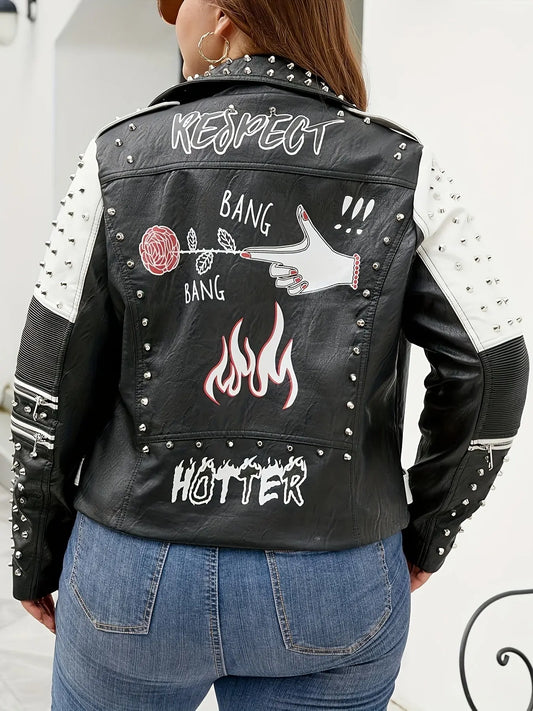 Women'S Plus Size Faux Leather Jacket Graffiti Studded Rivet Punk Floral Moto Biker Coat SS69
