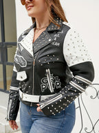 Women'S Plus Size Faux Leather Jacket Graffiti Studded Rivet Punk Floral Moto Biker Coat SS69