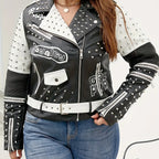 Women'S Plus Size Faux Leather Jacket Graffiti Studded Rivet Punk Floral Moto Biker Coat SS69 174.69 Black / Plus 5XL