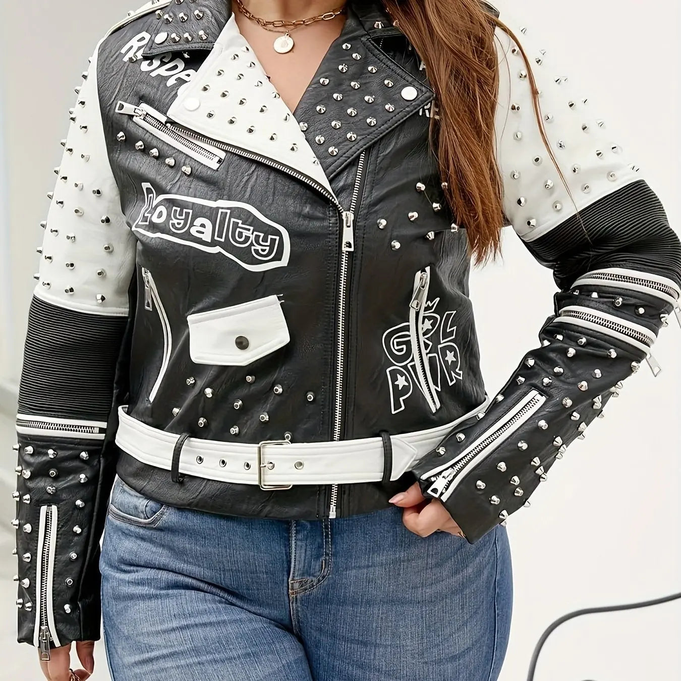 Women'S Plus Size Faux Leather Jacket Graffiti Studded Rivet Punk Floral Moto Biker Coat SS69 174.69 Black / Plus 5XL