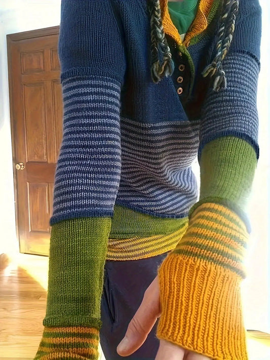 Women'S Y2K Striped Color Block Crew Neck Pullover Sweater - Casual Asymmetrical Polyester Blend Patchwork Jumper with Button Detail for Fall/Winter SS69