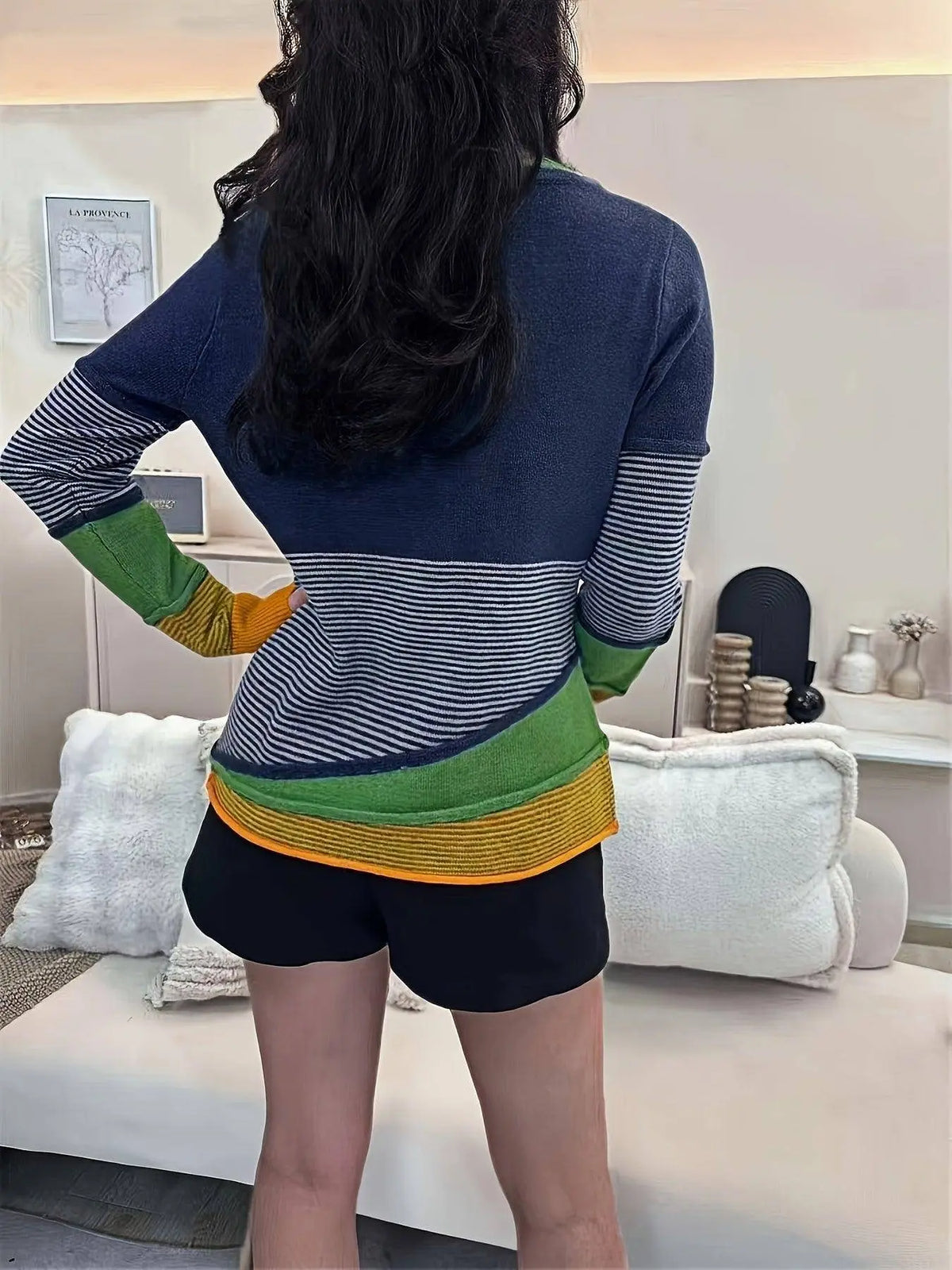Women'S Y2K Striped Color Block Crew Neck Pullover Sweater - Casual Asymmetrical Polyester Blend Patchwork Jumper with Button Detail for Fall/Winter SS69