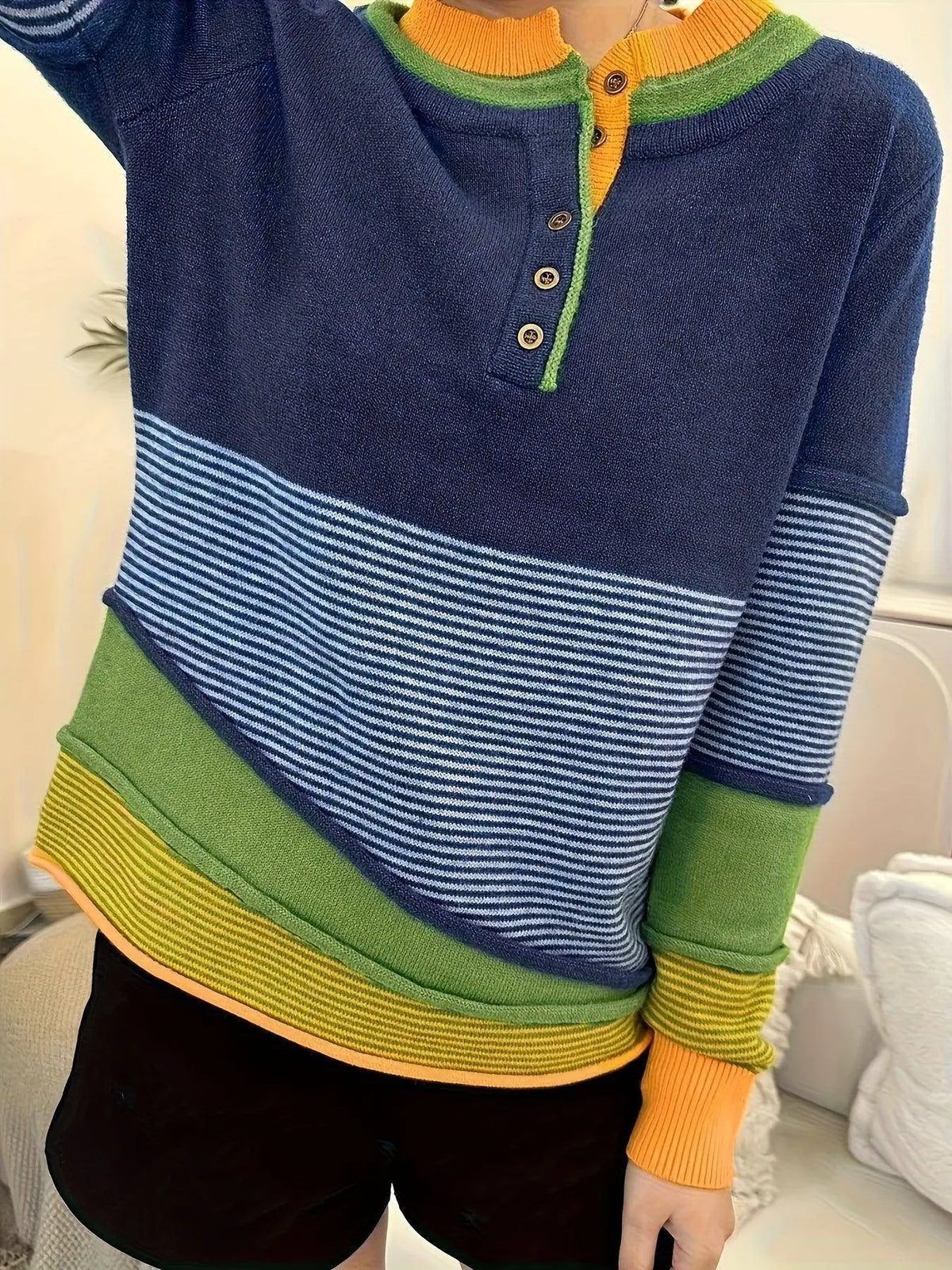 Women'S Y2K Striped Color Block Crew Neck Pullover Sweater - Casual Asymmetrical Polyester Blend Patchwork Jumper with Button Detail for Fall/Winter SS69