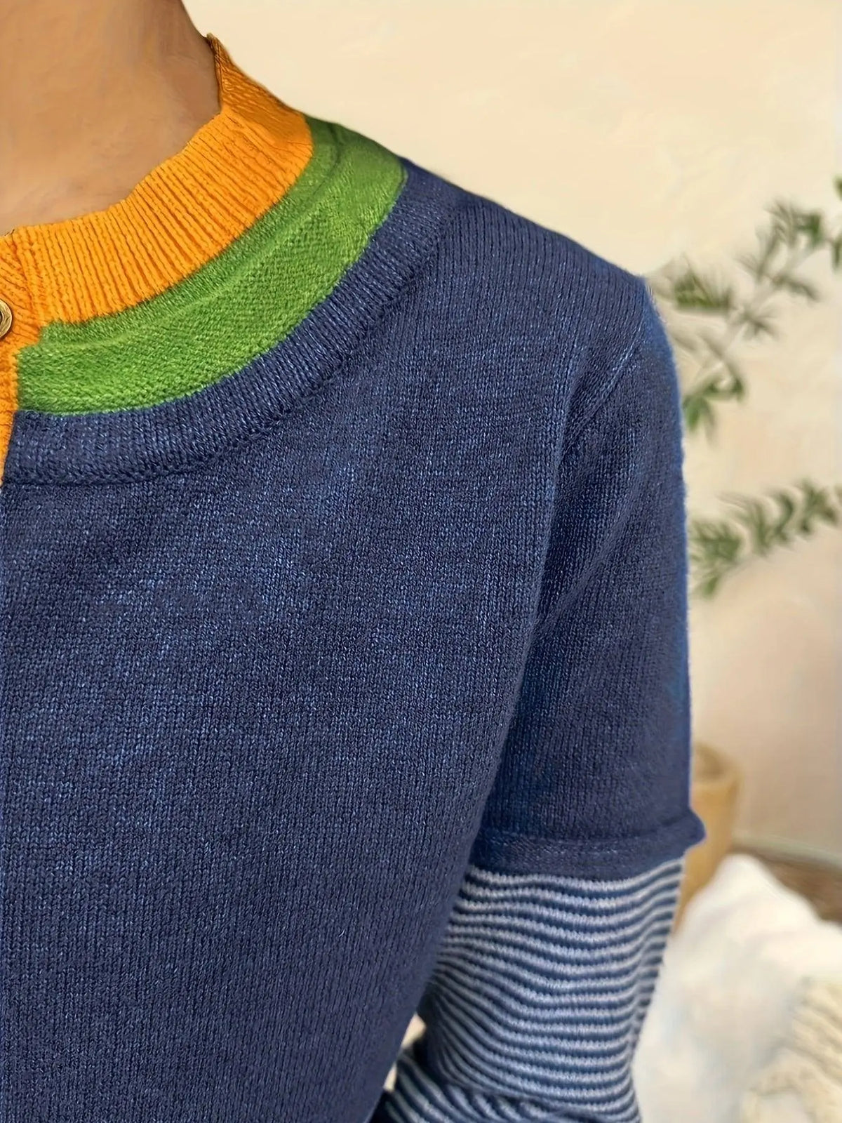 Women'S Y2K Striped Color Block Crew Neck Pullover Sweater - Casual Asymmetrical Polyester Blend Patchwork Jumper with Button Detail for Fall/Winter SS69