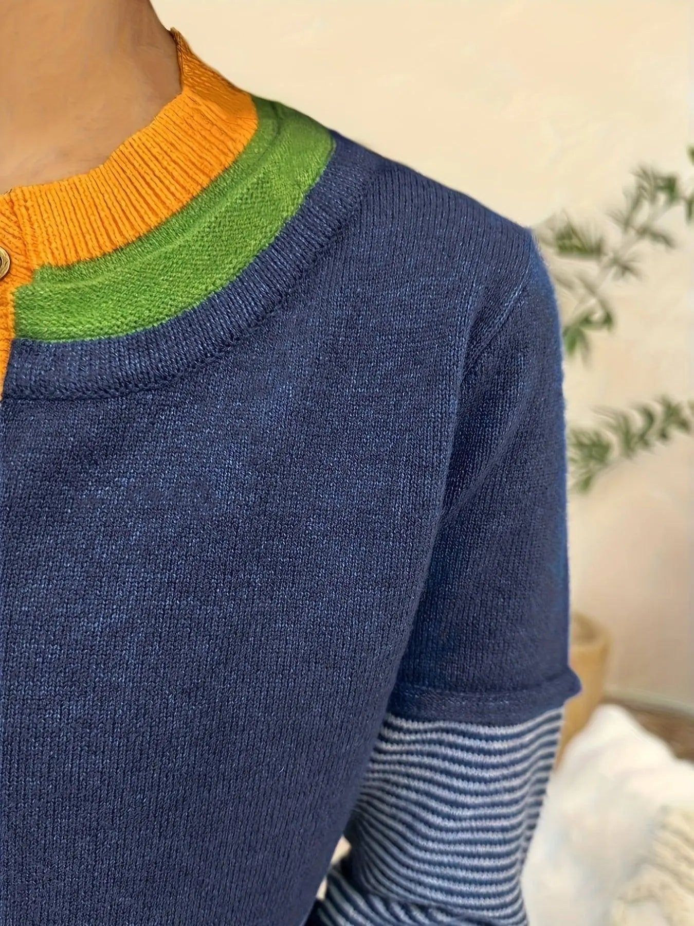 Women'S Y2K Striped Color Block Crew Neck Pullover Sweater - Casual Asymmetrical Polyester Blend Patchwork Jumper with Button Detail for Fall/Winter SS69