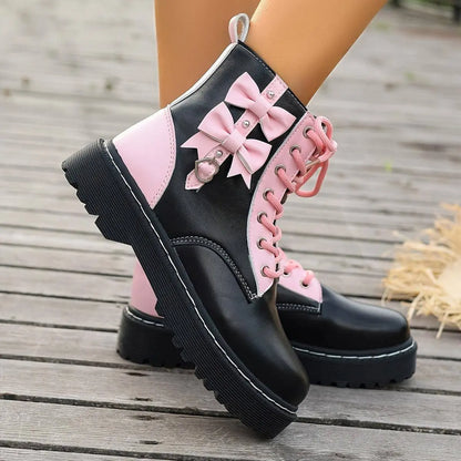 Women's Bowknot Combat Boots, Y2K Style Heart Buckle Strap Short Boots, Lace Up Round Toe Ankle Boots SS69