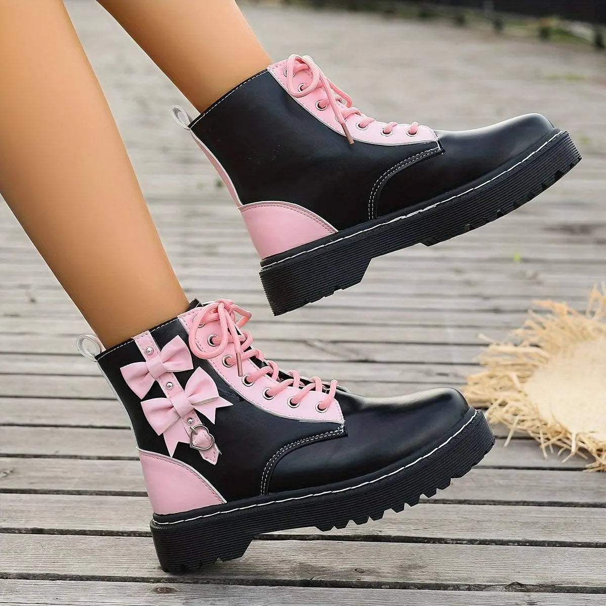 Women's Bowknot Combat Boots, Y2K Style Heart Buckle Strap Short Boots, Lace Up Round Toe Ankle Boots SS69