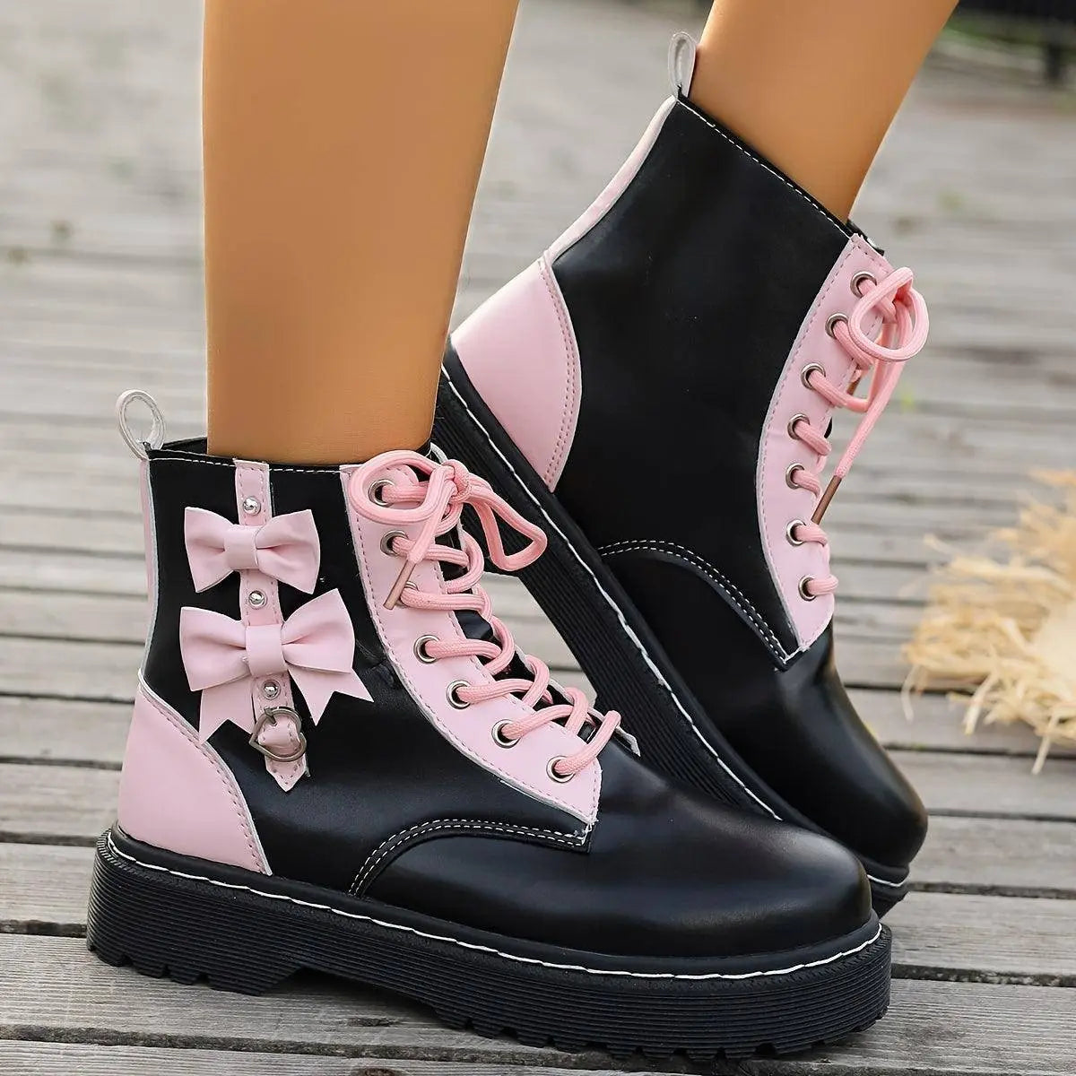 Women's Bowknot Combat Boots, Y2K Style Heart Buckle Strap Short Boots, Lace Up Round Toe Ankle Boots SS69