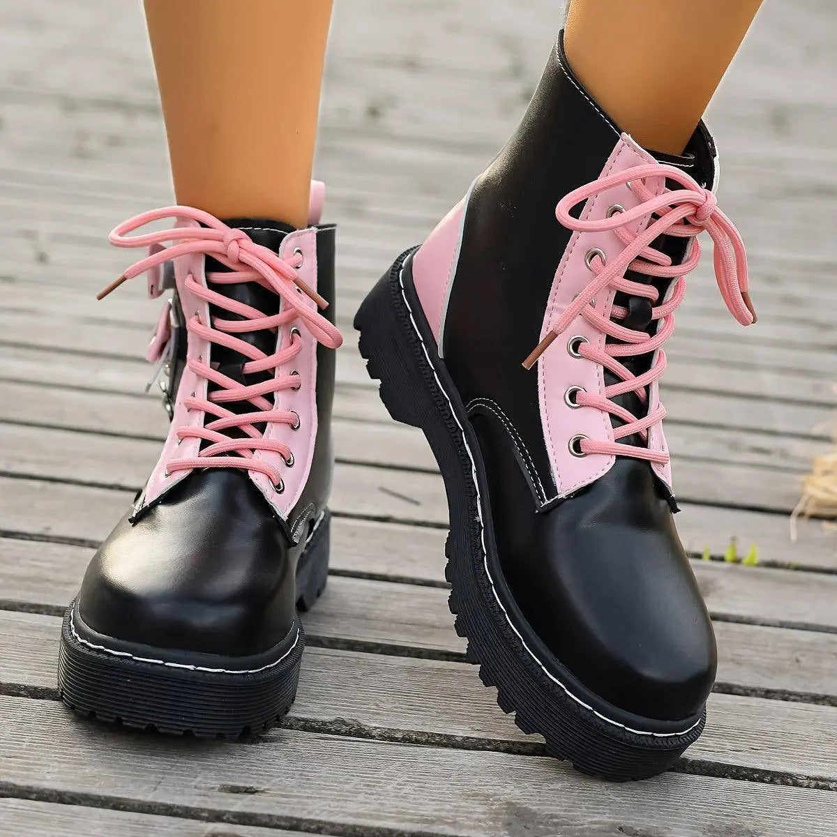 Women's Bowknot Combat Boots, Y2K Style Heart Buckle Strap Short Boots, Lace Up Round Toe Ankle Boots SS69