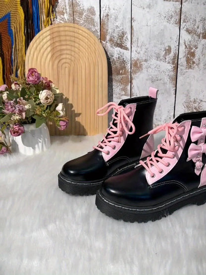 Women's Bowknot Combat Boots, Y2K Style Heart Buckle Strap Short Boots, Lace Up Round Toe Ankle Boots SS69
