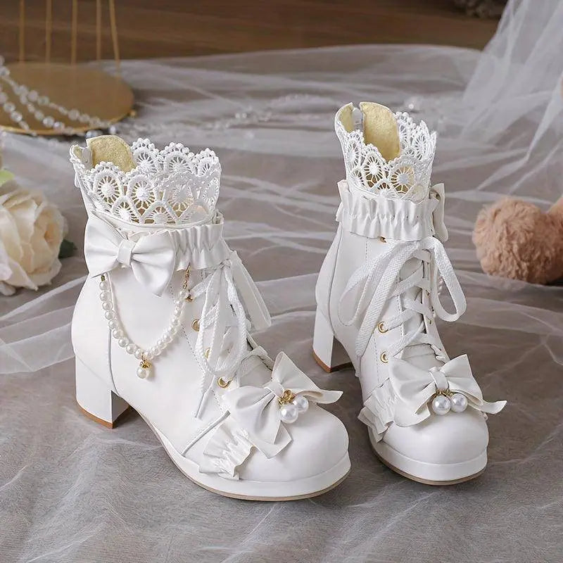 Women's Bowknot Decor Chunky Heel Boots, Fashion Lace Up Dress Boots, Comfortable Back Zipper Ankle Boots SS69