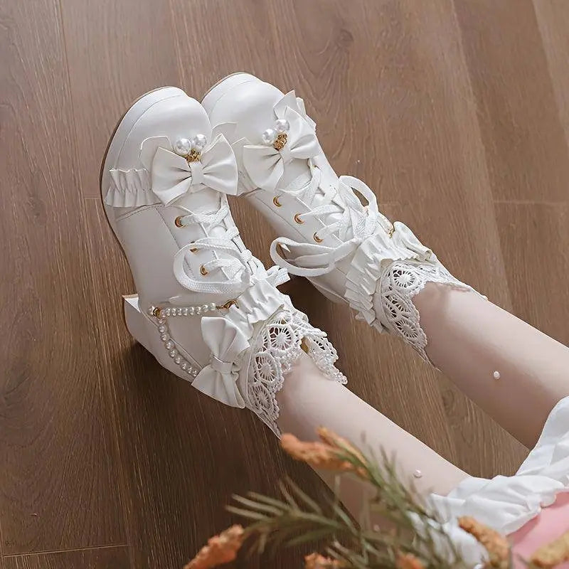 Women's Bowknot Decor Chunky Heel Boots, Fashion Lace Up Dress Boots, Comfortable Back Zipper Ankle Boots SS69