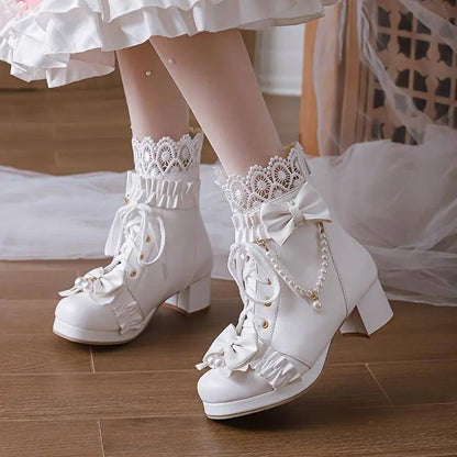 Women's Bowknot Decor Chunky Heel Boots, Fashion Lace Up Dress Boots, Comfortable Back Zipper Ankle Boots SS69