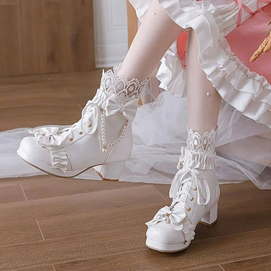 Women's Bowknot Decor Chunky Heel Boots, Fashion Lace Up Dress Boots, Comfortable Back Zipper Ankle Boots SS69