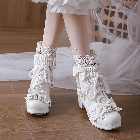 Women's Bowknot Decor Chunky Heel Boots, Fashion Lace Up Dress Boots, Comfortable Back Zipper Ankle Boots SS69