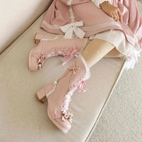 Women's Bowknot Decor Chunky Heel Boots, Fashion Lace Up Dress Boots, Stylish Mid Calf Boots SS69
