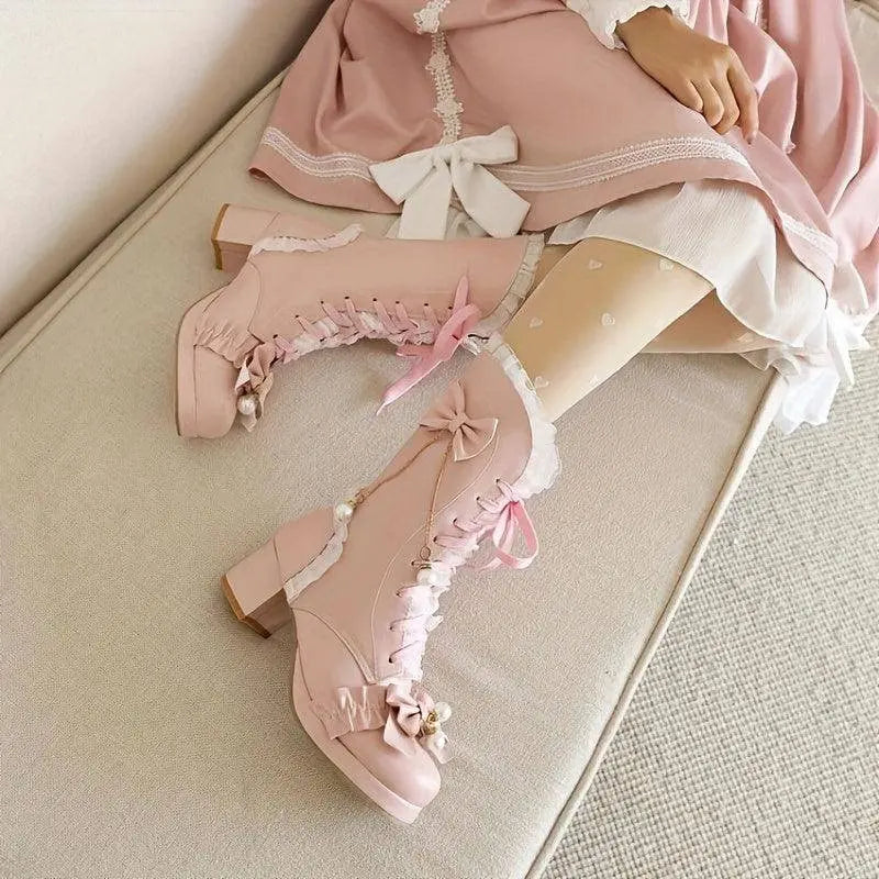 Women's Bowknot Decor Chunky Heel Boots, Fashion Lace Up Dress Boots, Stylish Mid Calf Boots SS69