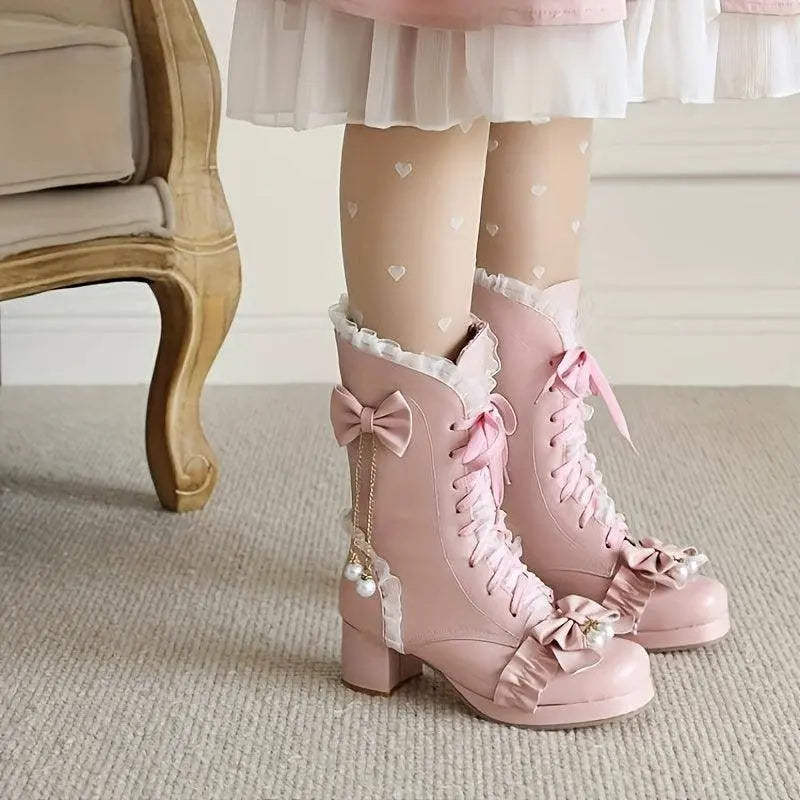 Women's Bowknot Decor Chunky Heel Boots, Fashion Lace Up Dress Boots, Stylish Mid Calf Boots SS69