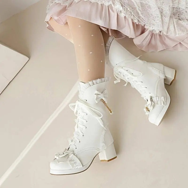 Women's Bowknot Decor Chunky Heel Boots, Fashion Lace Up Dress Boots, Stylish Mid Calf Boots SS69