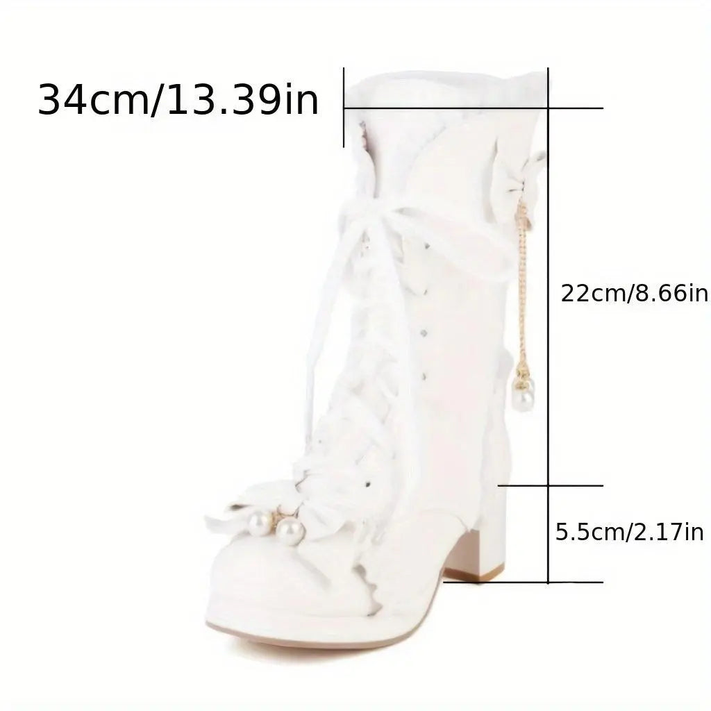 Women's Bowknot Decor Chunky Heel Boots, Fashion Lace Up Dress Boots, Stylish Mid Calf Boots SS69