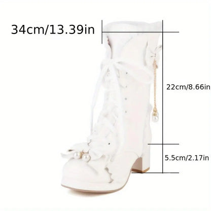 Women's Bowknot Decor Chunky Heel Boots, Fashion Lace Up Dress Boots, Stylish Mid Calf Boots SS69