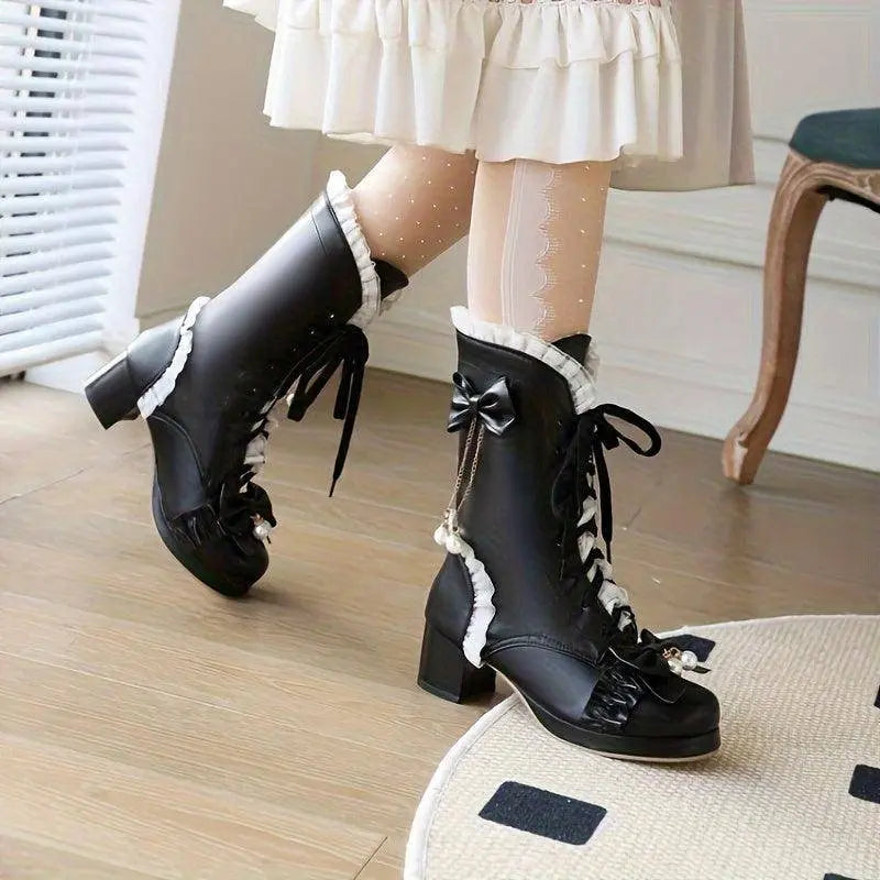 Women's Bowknot Decor Chunky Heel Boots, Fashion Lace Up Dress Boots, Stylish Mid Calf Boots SS69