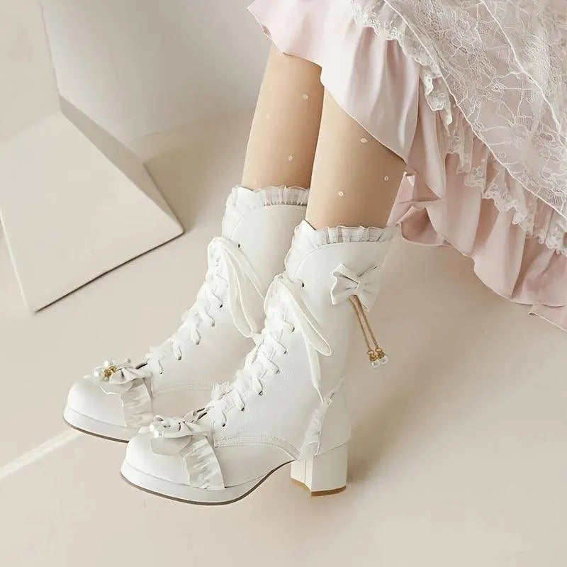 Women's Bowknot Decor Chunky Heel Boots, Fashion Lace Up Dress Boots, Stylish Mid Calf Boots SS69