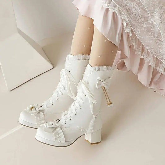 Women's Bowknot Decor Chunky Heel Boots, Fashion Lace Up Dress Boots, Stylish Mid Calf Boots SS69