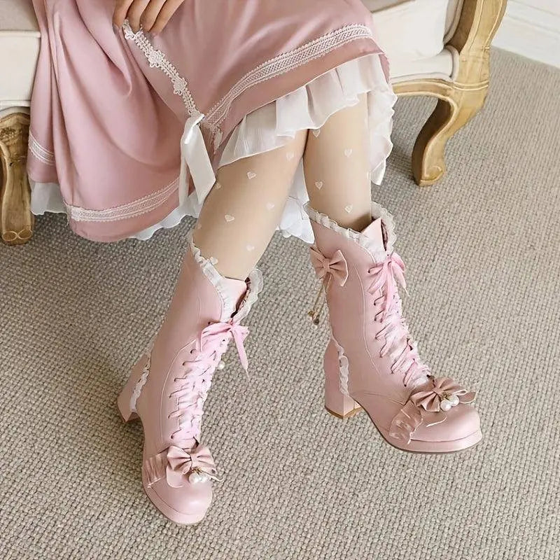 Women's Bowknot Decor Chunky Heel Boots, Fashion Lace Up Dress Boots, Stylish Mid Calf Boots SS69