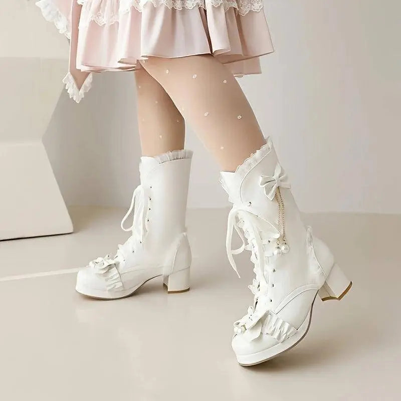 Women's Bowknot Decor Chunky Heel Boots, Fashion Lace Up Dress Boots, Stylish Mid Calf Boots SS69