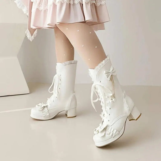 Women's Bowknot Decor Chunky Heel Boots, Fashion Lace Up Dress Boots, Stylish Mid Calf Boots SS69