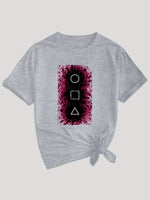 Women's Casual Graphic Tee - Squid & GAME Design, Gray Short Sleeve Crew Neck T-Shirt with Pink Geometric Print, Summer Casual Attire, Polyester Blend, Machine Washable SS69