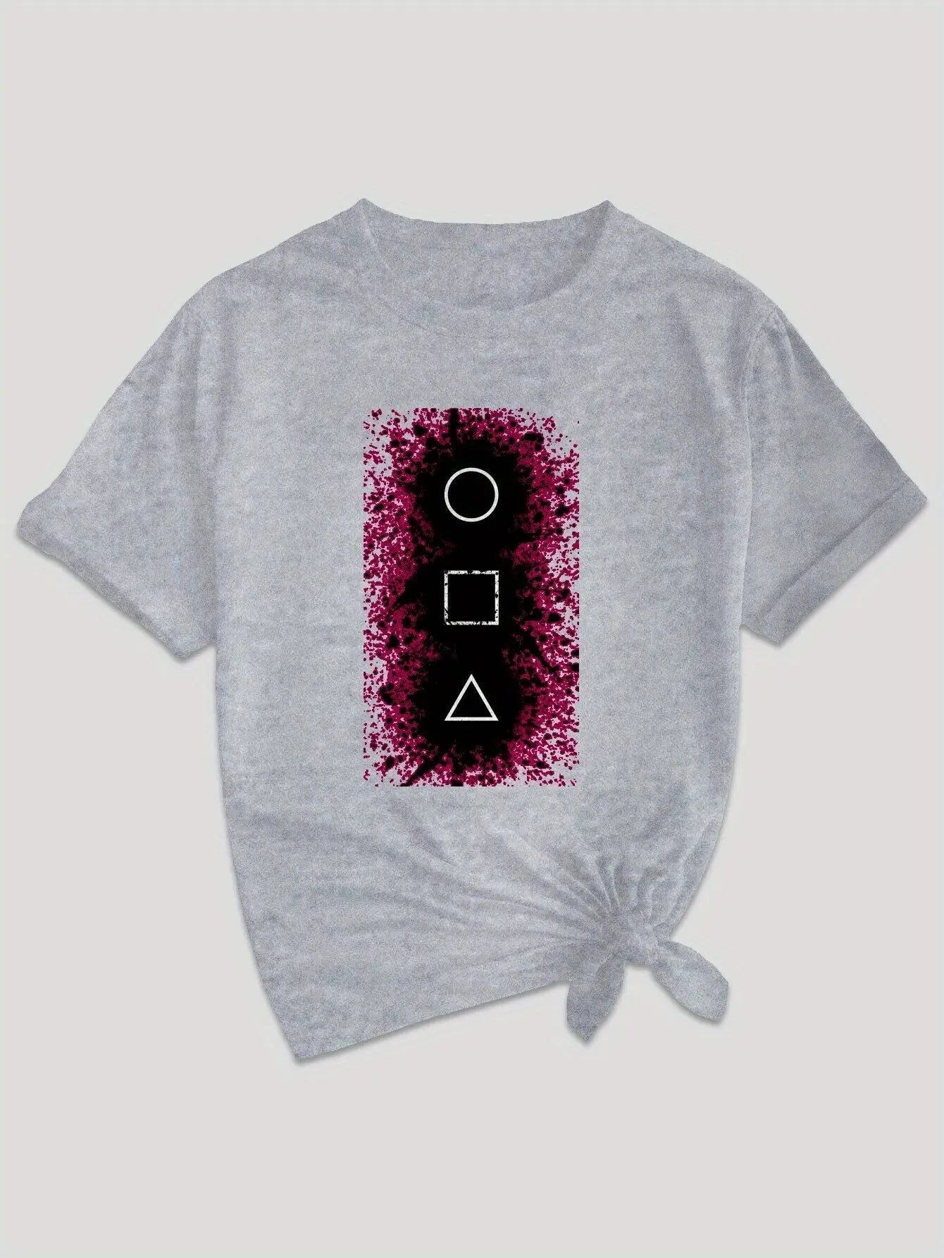 Women's Casual Graphic Tee - Squid & GAME Design, Gray Short Sleeve Crew Neck T-Shirt with Pink Geometric Print, Summer Casual Attire, Polyester Blend, Machine Washable SS69