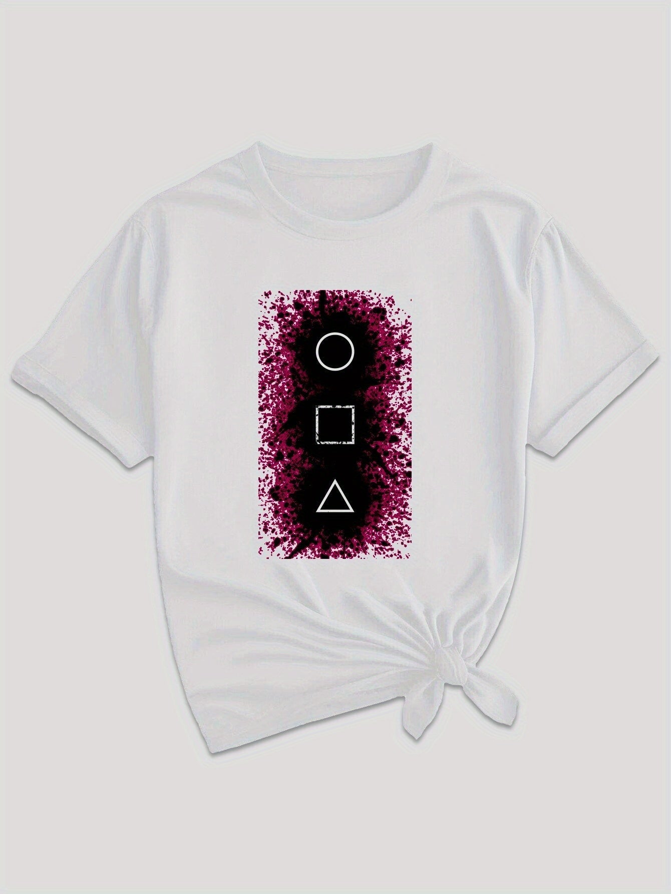 Women's Casual Graphic Tee - Squid & GAME Design, Gray Short Sleeve Crew Neck T-Shirt with Pink Geometric Print, Summer Casual Attire, Polyester Blend, Machine Washable SS69