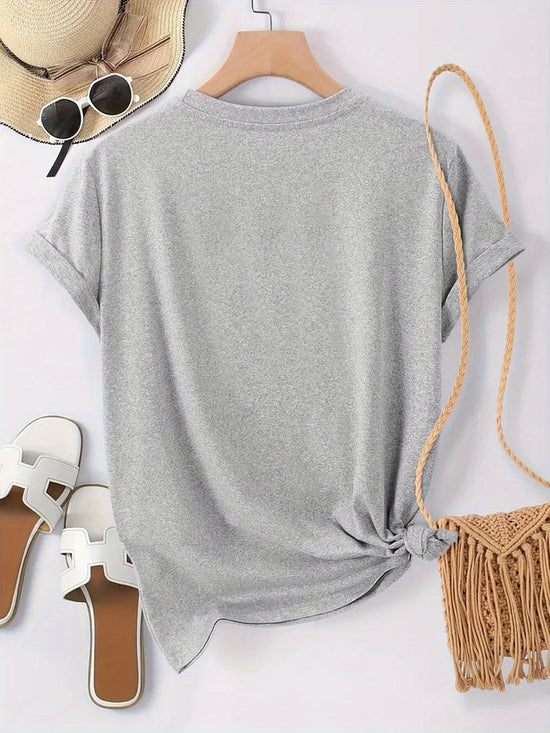 Women's Casual Graphic Tee - Squid & GAME Design, Gray Short Sleeve Crew Neck T-Shirt with Pink Geometric Print, Summer Casual Attire, Polyester Blend, Machine Washable SS69