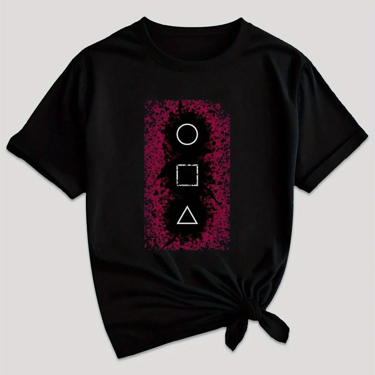 Women's Casual Graphic Tee - Squid & GAME Design, Gray Short Sleeve Crew Neck T-Shirt with Pink Geometric Print, Summer Casual Attire, Polyester Blend, Machine Washable SS69 11.69 Black / XL