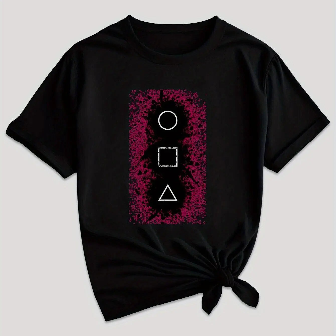 Women's Casual Graphic Tee - Squid & GAME Design, Gray Short Sleeve Crew Neck T-Shirt with Pink Geometric Print, Summer Casual Attire, Polyester Blend, Machine Washable SS69 11.69 Black / XL