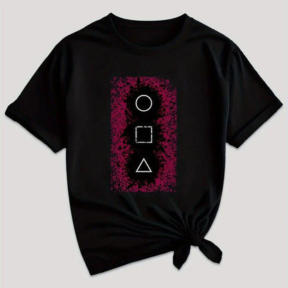 Women's Casual Graphic Tee - Squid & GAME Design, Gray Short Sleeve Crew Neck T-Shirt with Pink Geometric Print, Summer Casual Attire, Polyester Blend, Machine Washable SS69 11.69 Black / XL