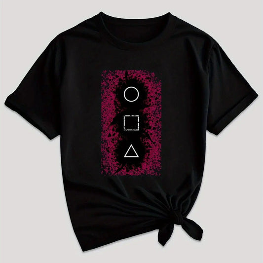 Women's Casual Graphic Tee - Squid & GAME Design, Gray Short Sleeve Crew Neck T-Shirt with Pink Geometric Print, Summer Casual Attire, Polyester Blend, Machine Washable SS69 11.69 Black / XL