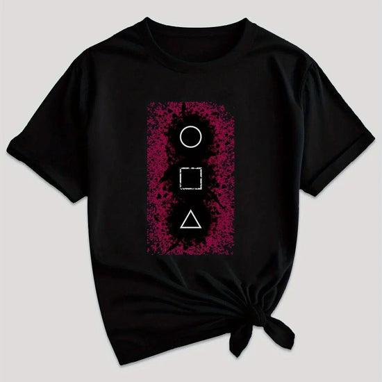 Women's Casual Graphic Tee - Squid & GAME Design, Gray Short Sleeve Crew Neck T-Shirt with Pink Geometric Print, Summer Casual Attire, Polyester Blend, Machine Washable SS69 11.69 Black / XL