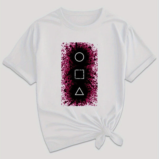 Women's Casual Graphic Tee - Squid & GAME Design, Gray Short Sleeve Crew Neck T-Shirt with Pink Geometric Print, Summer Casual Attire, Polyester Blend, Machine Washable SS69 11.69 White / XL