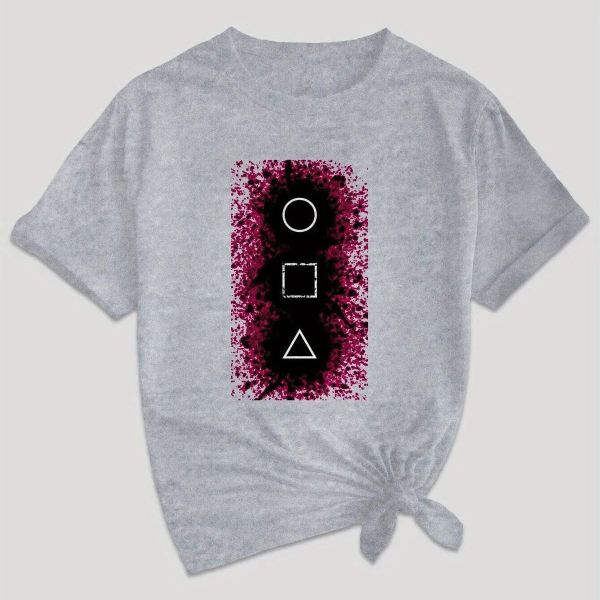 Women's Casual Graphic Tee - Squid & GAME Design, Gray Short Sleeve Crew Neck T-Shirt with Pink Geometric Print, Summer Casual Attire, Polyester Blend, Machine Washable SS69 11.69 grey / XL